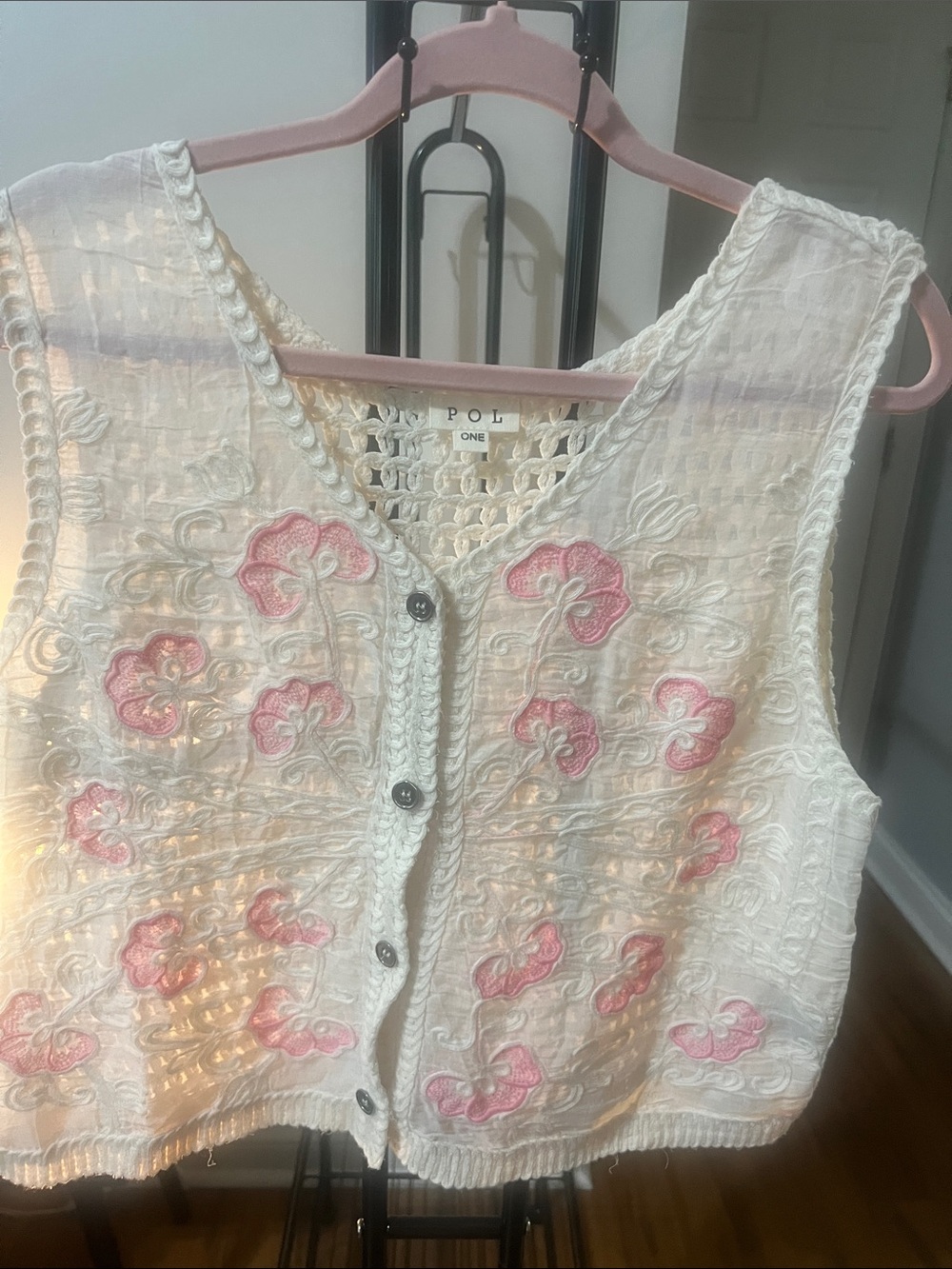 POL Cream Crochet Button-Front V Neck Vest with Pink Floral Embroidery